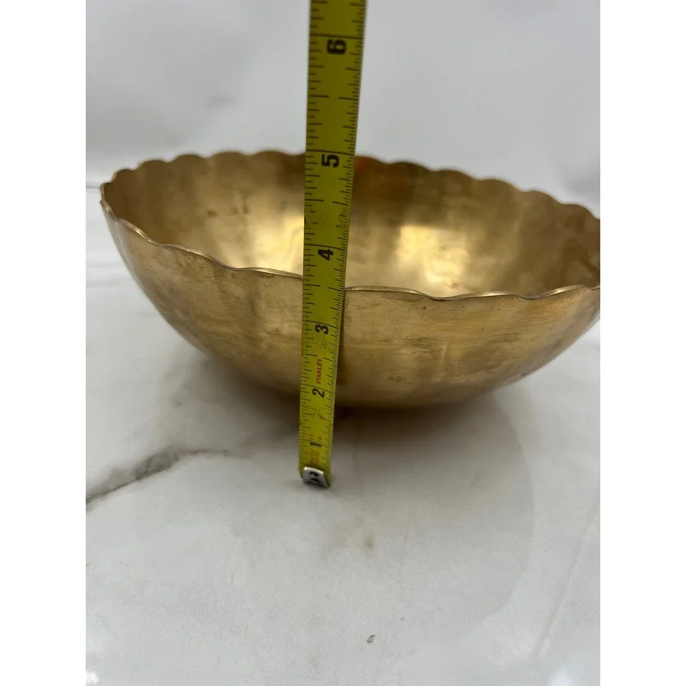 Vintage Scalloped Brass Bowl Made in Korea Hammered Gold Centerpiece 9.75 inch